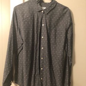 Gray and white polka dotted button down shirt